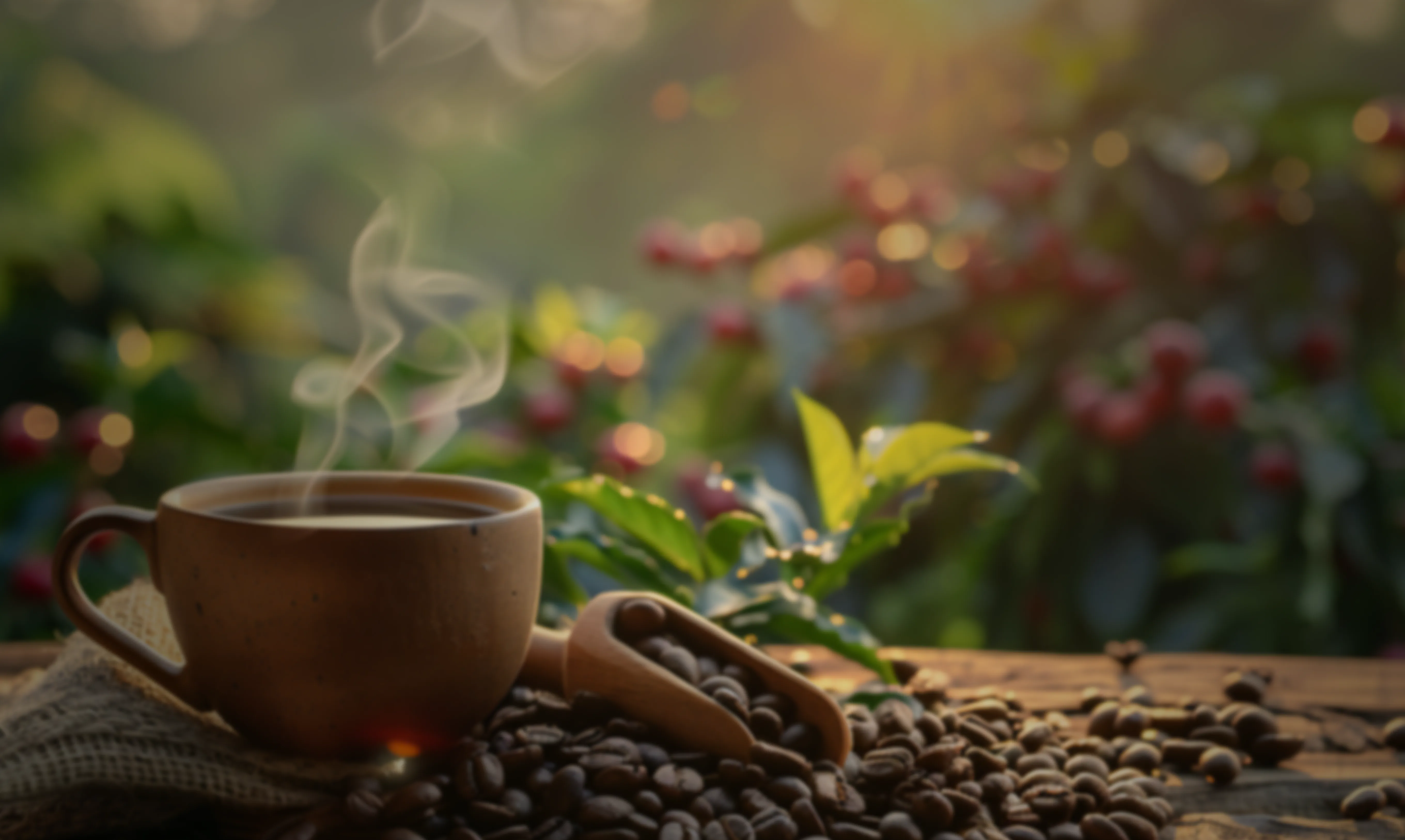 Une tasse de café chaud parmi les plants de café
